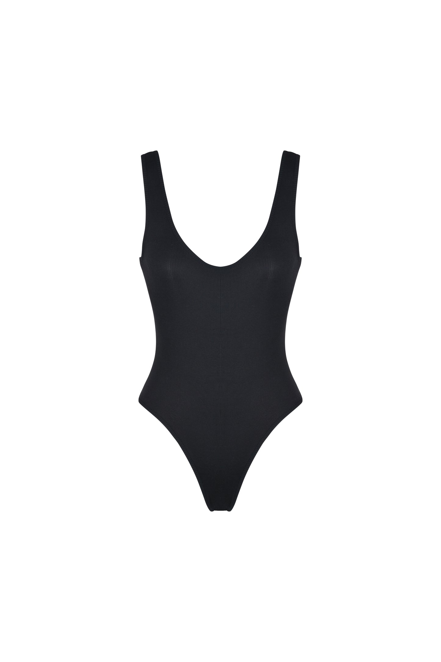 White ribbed SESE body shown on a model from the side