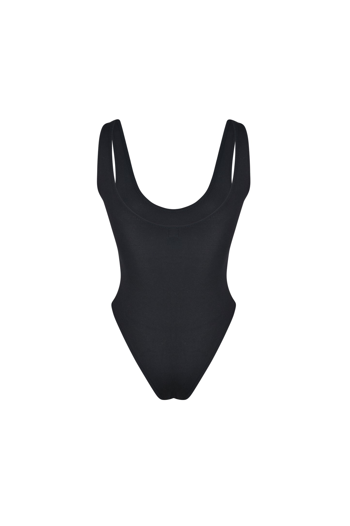 Black ribbed SESE body, back view. Made from 90% cotton and 10% spandex.