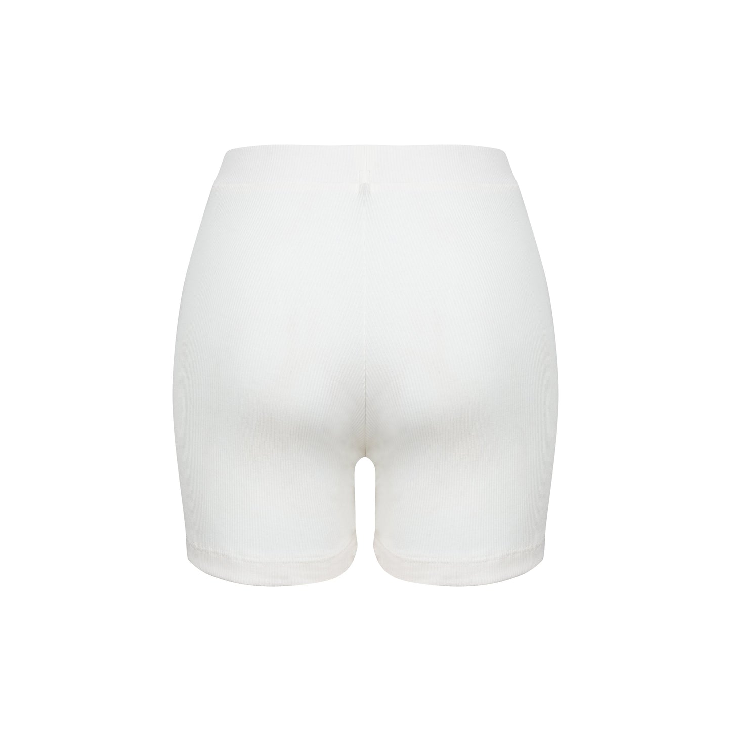 Back view of white ribbed cotton lounge shorts