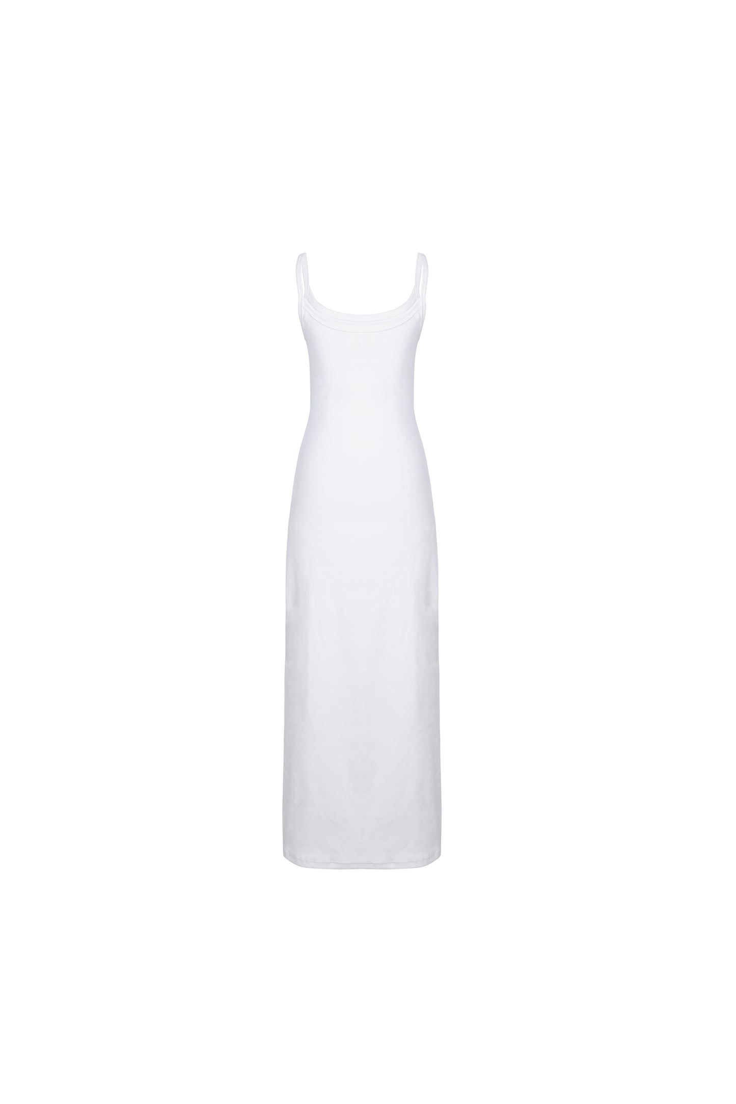 Studio shot of a white SESE maxi dress on a mannequin.