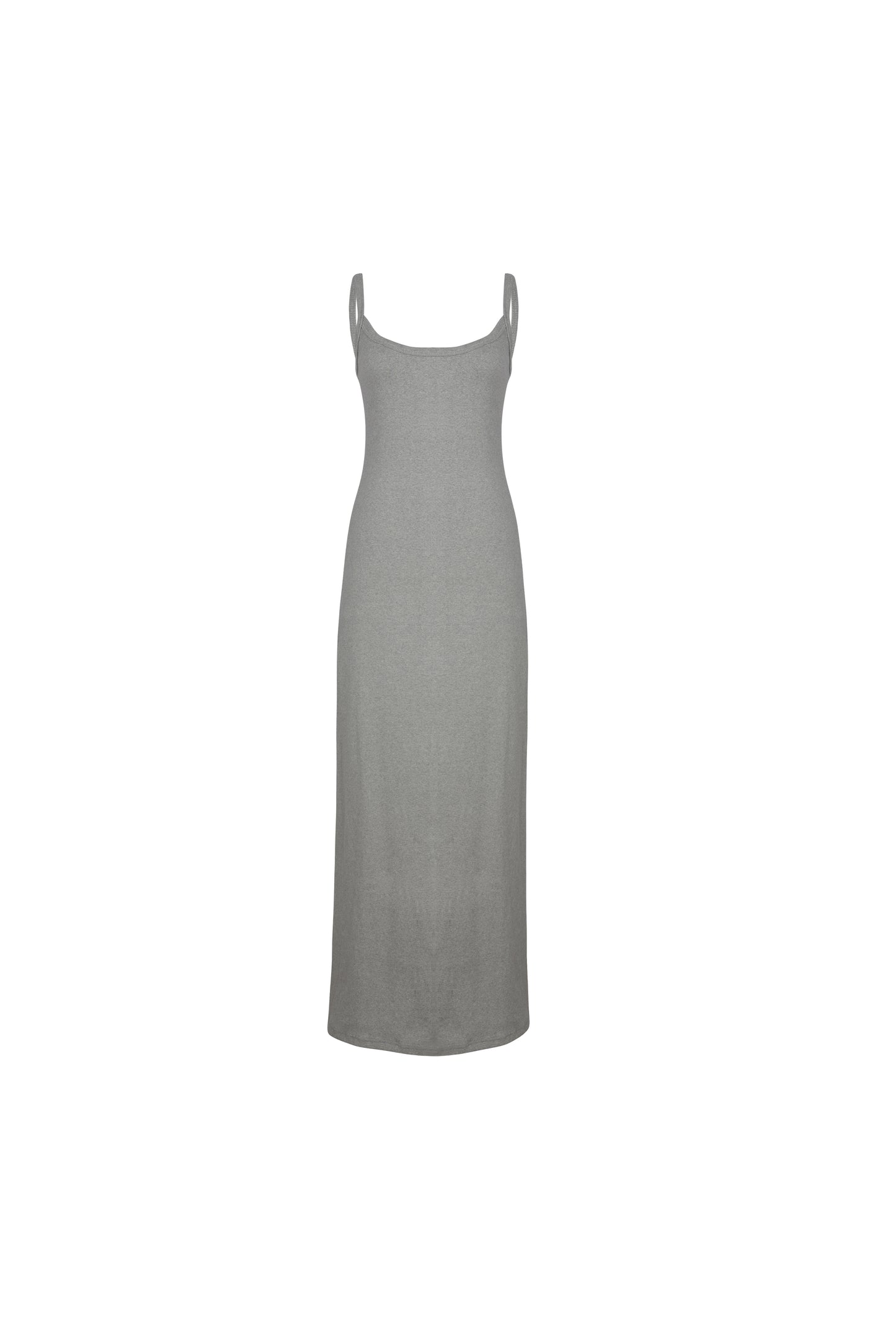 Front view of gray SESE long dress on a mannequin.
