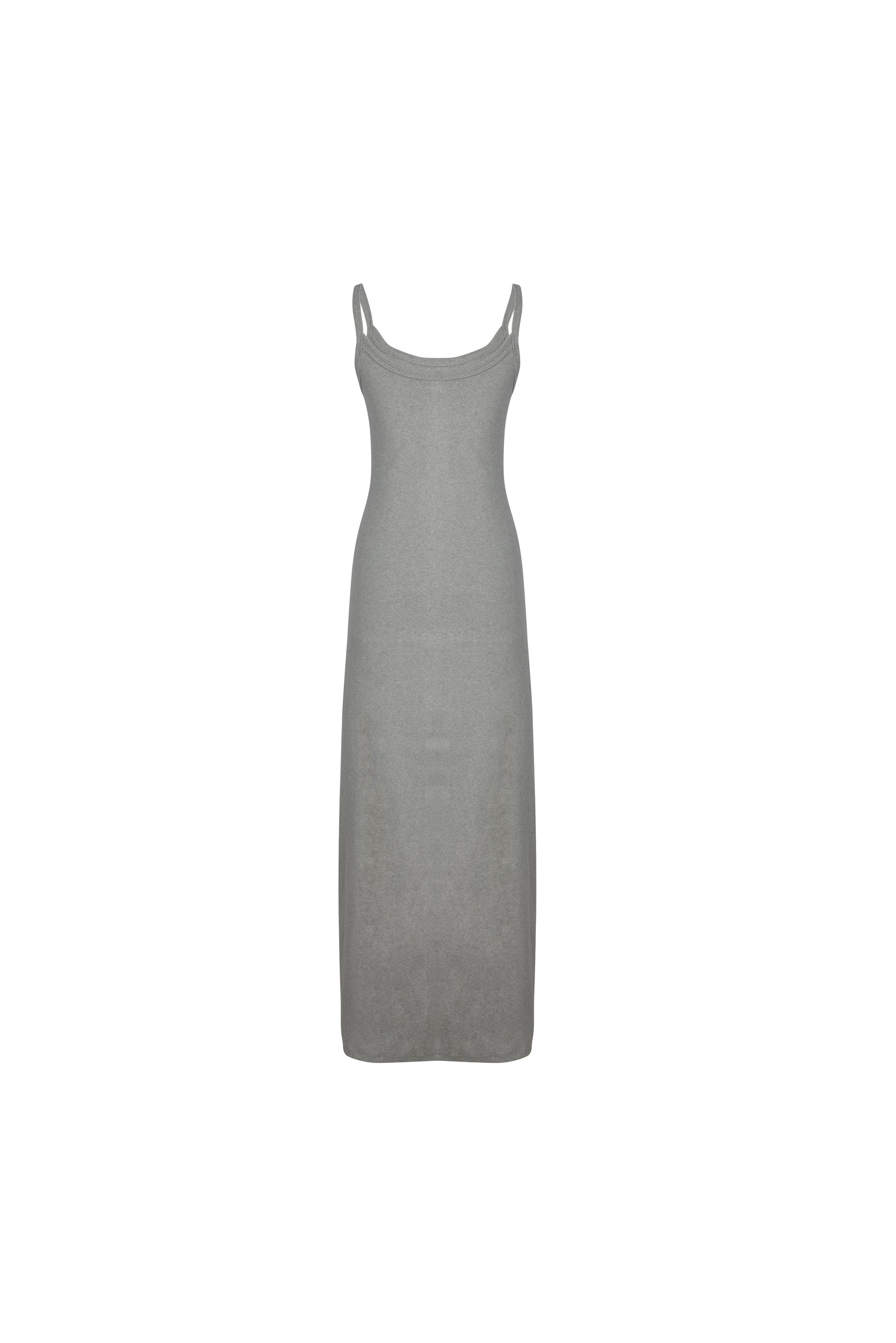 Gray cotton blend SESE long dress on mannequin.