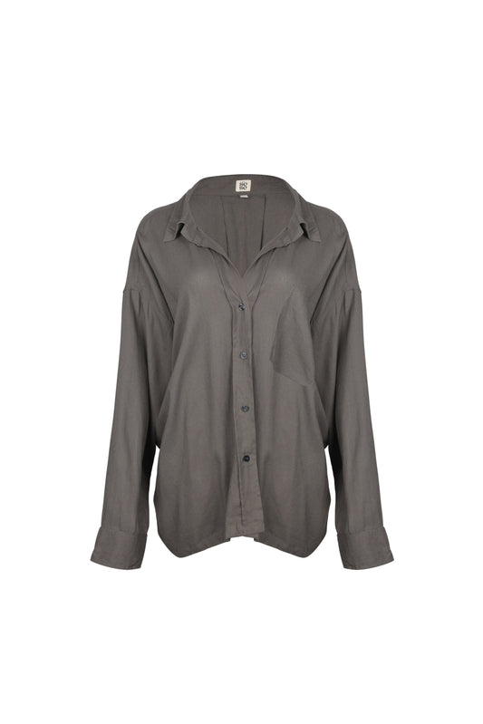 Grijze linnen blouse dames voorkant