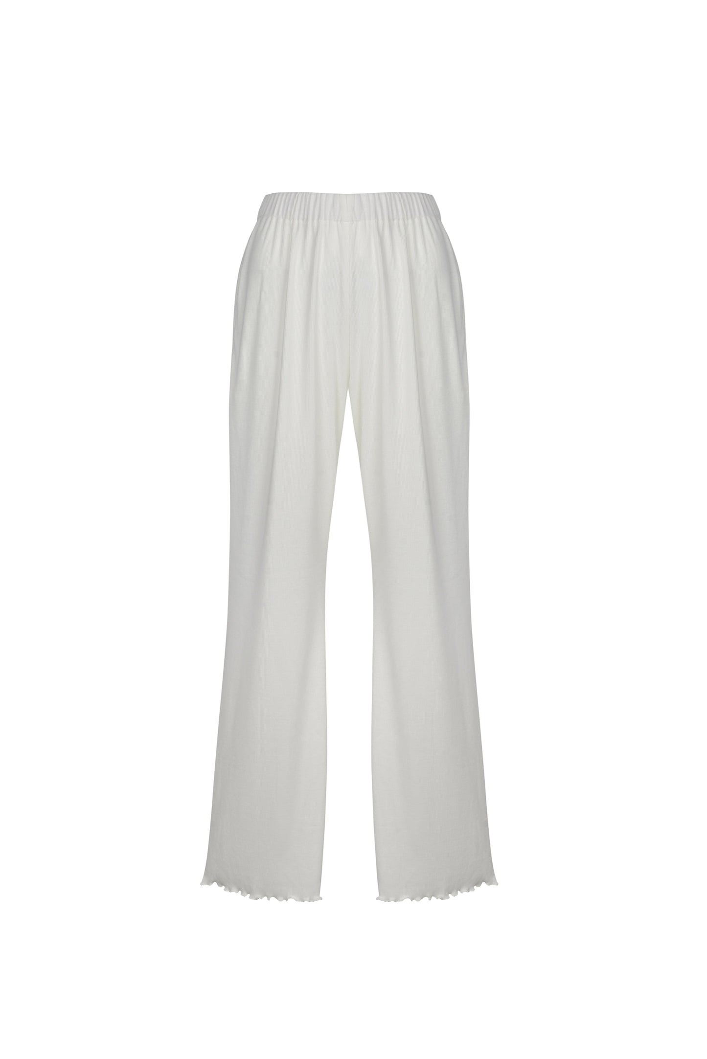 White ribbed flare pants, back view