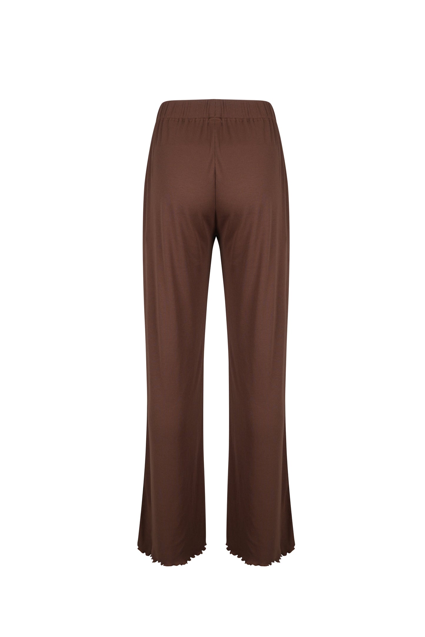Brown ribbed flare pants, back view