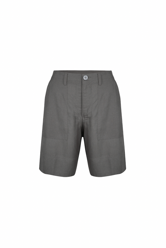 Gray linen-blend Chloe shorts, high-waisted, front view