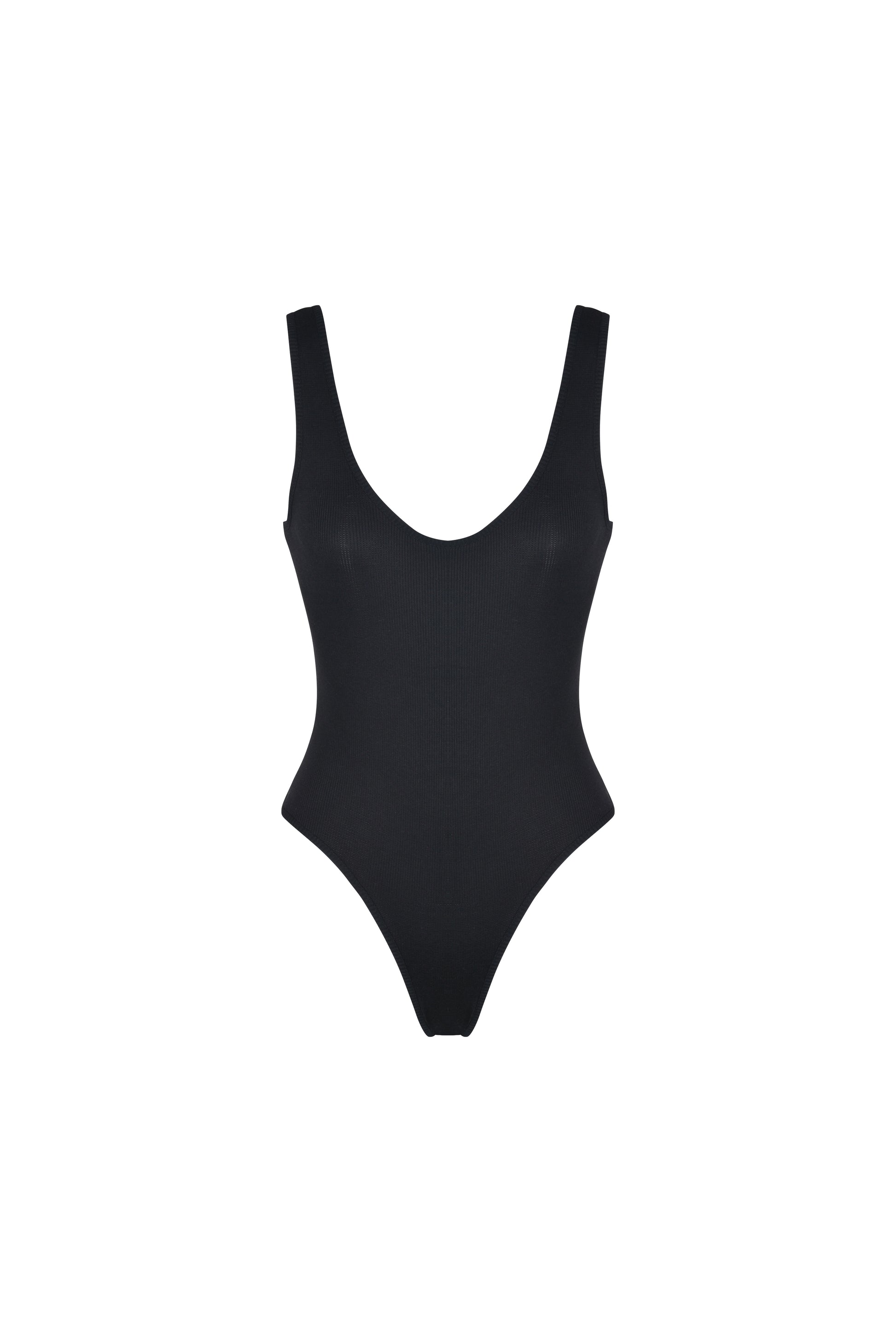 White ribbed SESE body shown on a model from the side