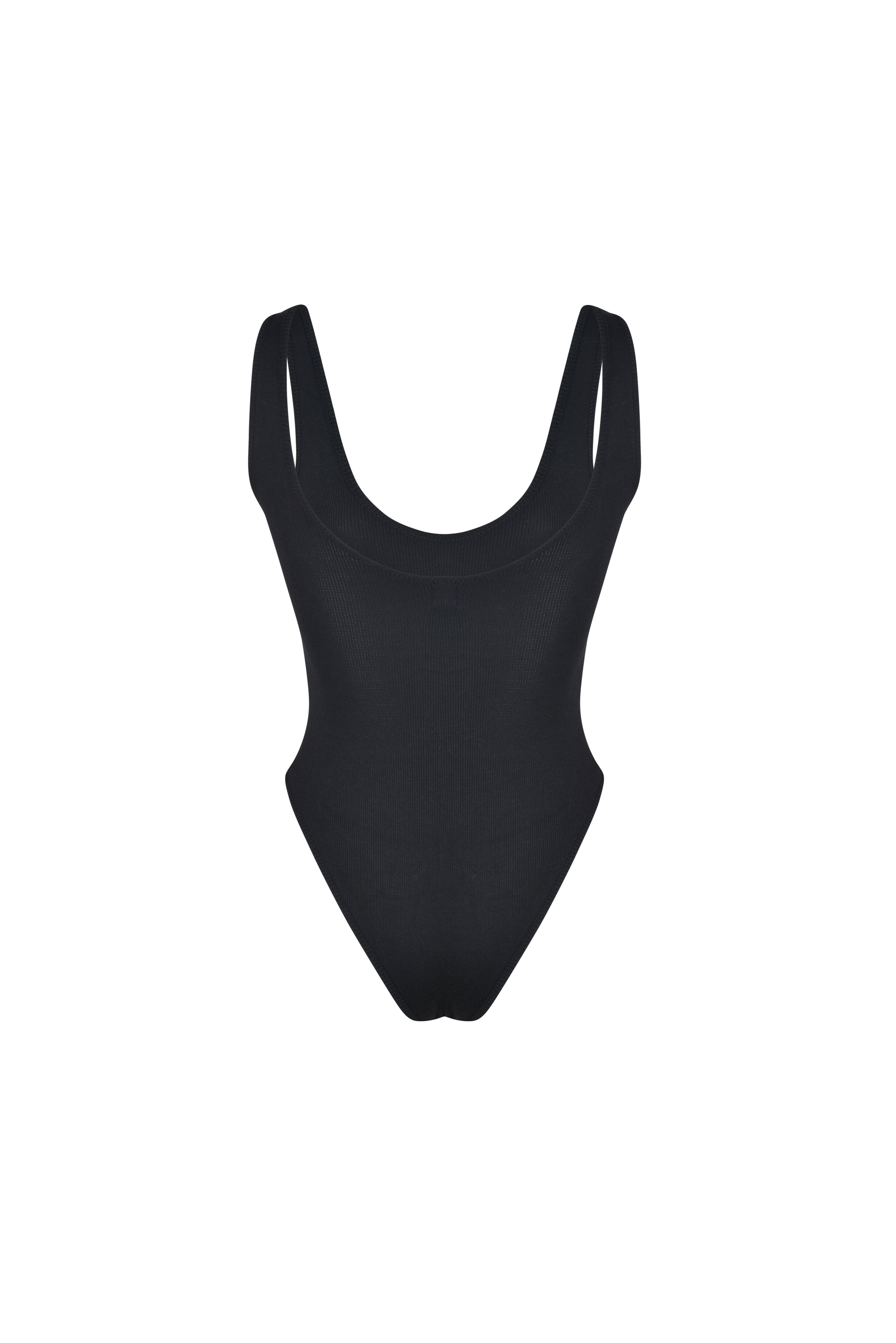 Black ribbed SESE body, back view. Made from 90% cotton and 10% spandex.