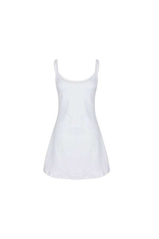 White cotton blend SESE mini dress, front view.