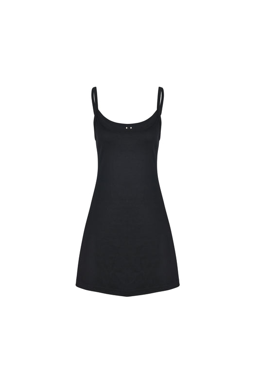 Another front view of the black SESE mini dress.