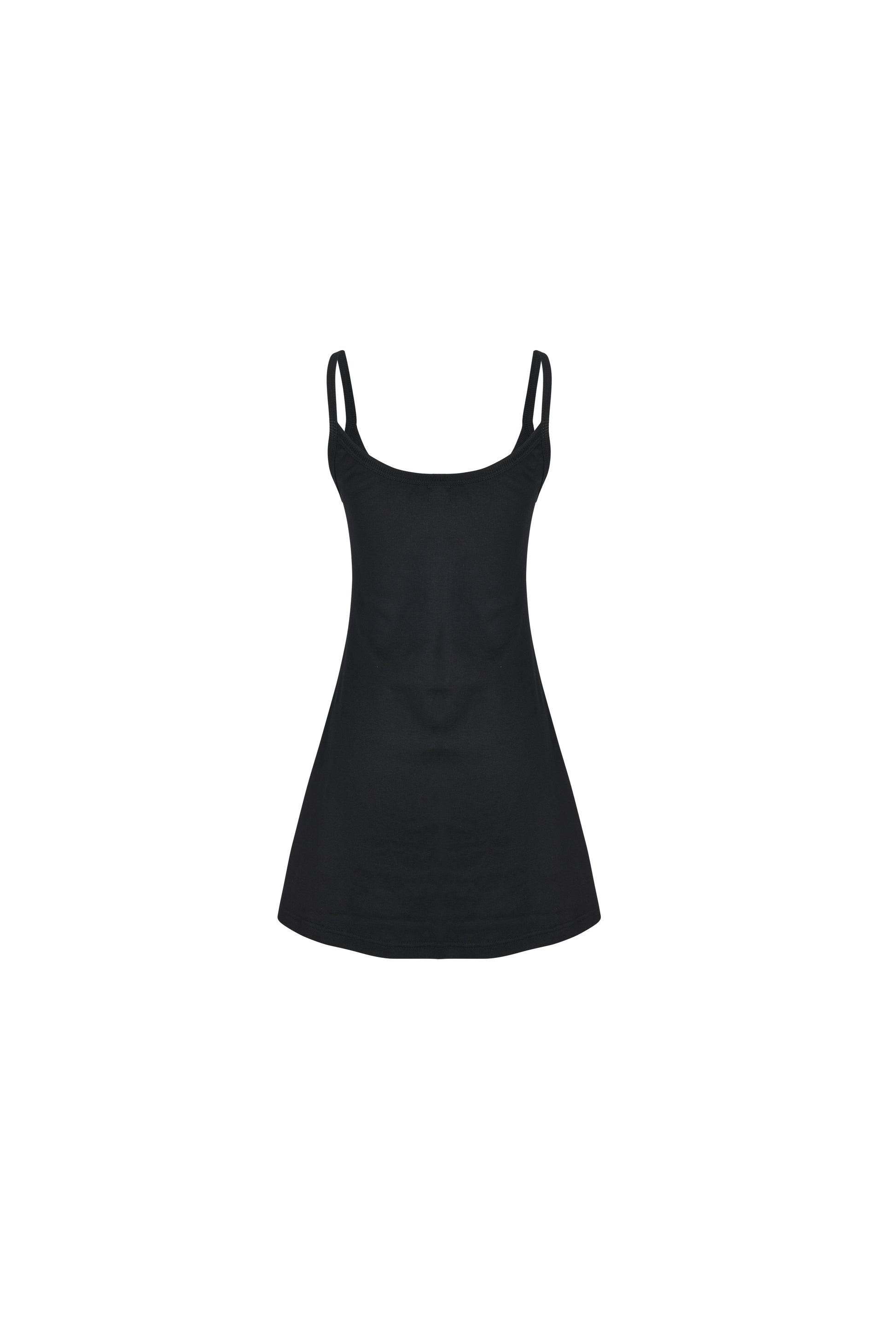 Black SESE mini dress on a mannequin, front view.