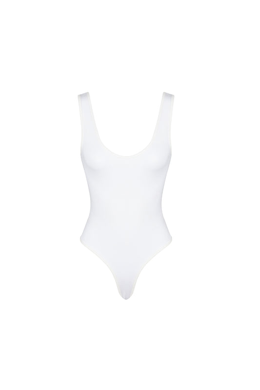Front view of the white cotton ribbed SESE body
