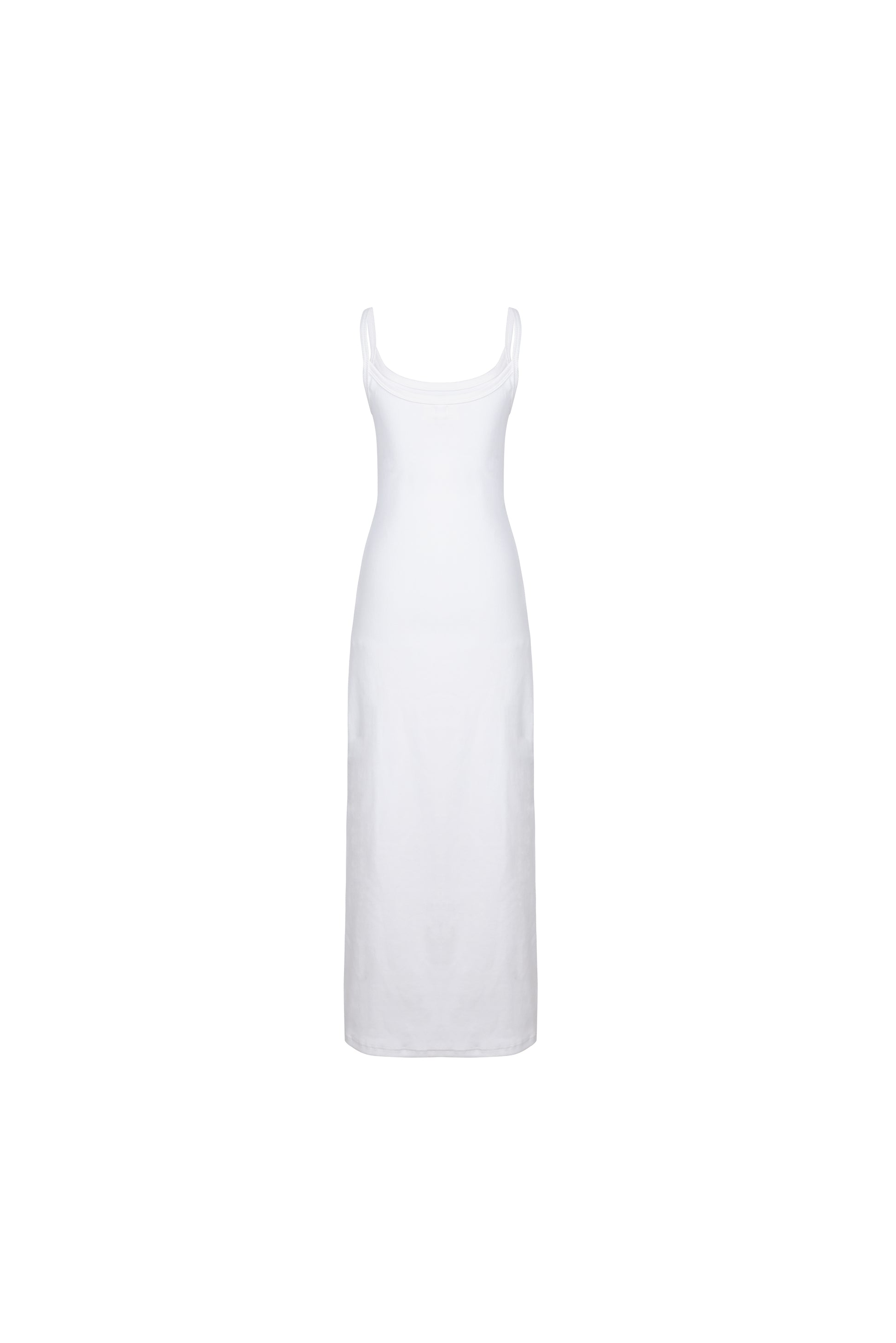 Studio shot of a white SESE maxi dress on a mannequin.