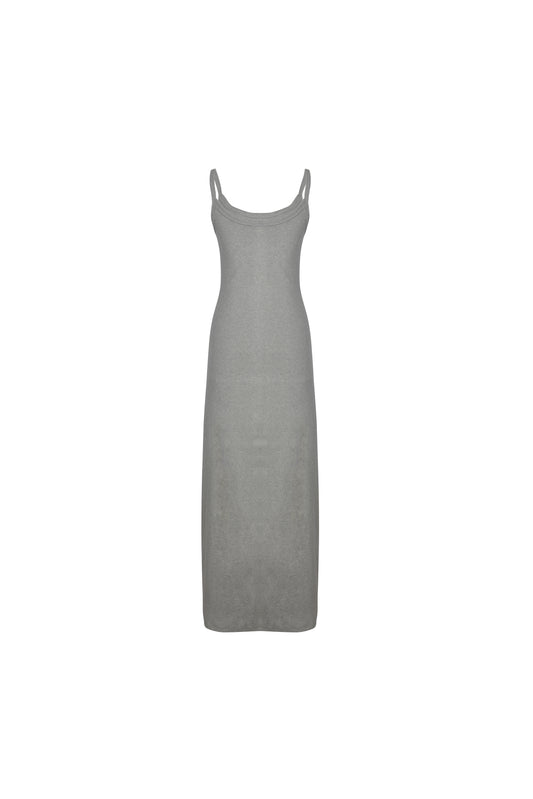 Gray cotton blend SESE long dress on mannequin.