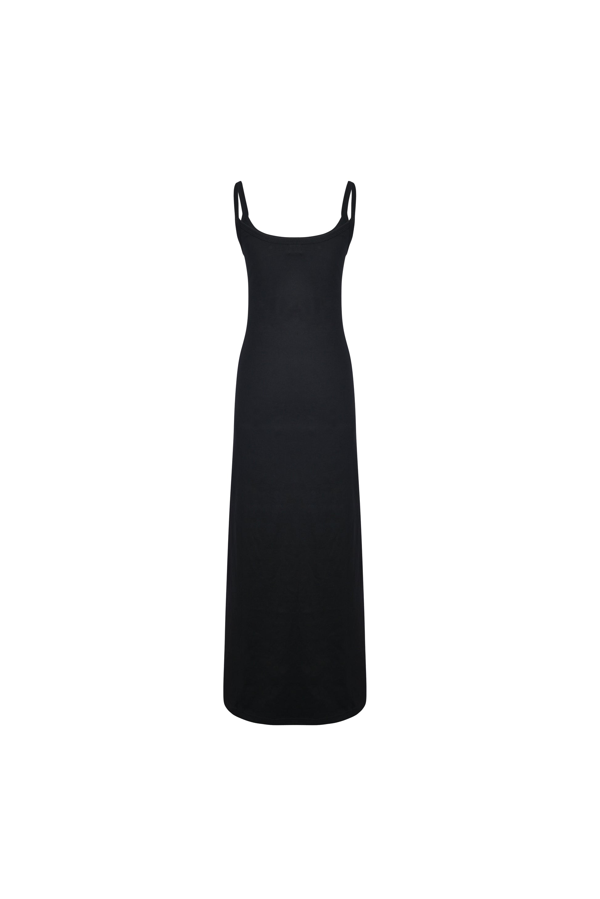 Black SESE maxi dress on mannequin; 90% cotton, 10% spandex.