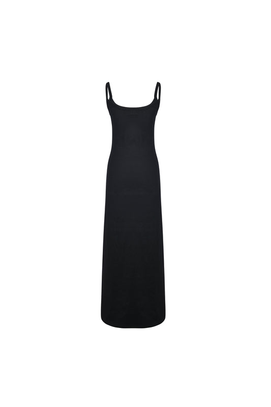 Black SESE maxi dress on mannequin; 90% cotton, 10% spandex.