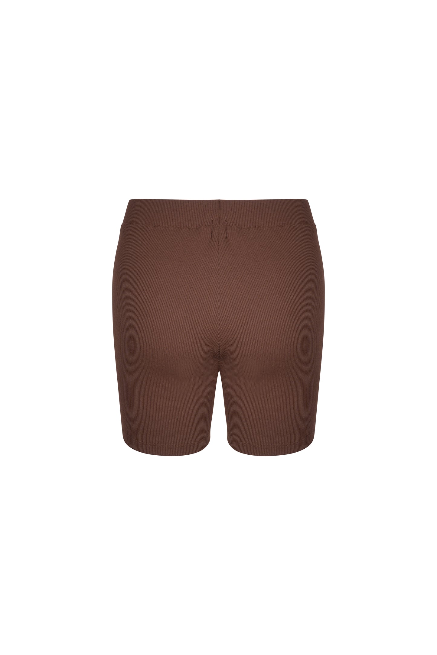 Back view of brown ribbed cotton lounge shorts