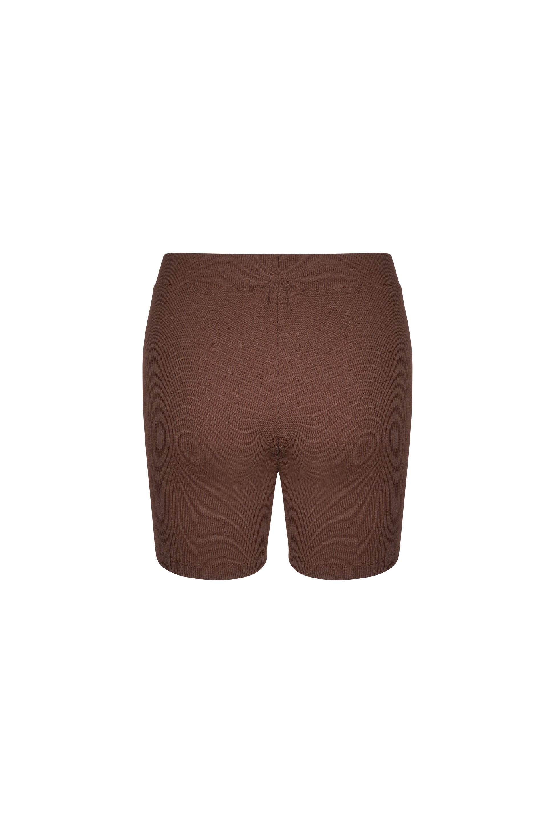Back view of brown ribbed cotton lounge shorts