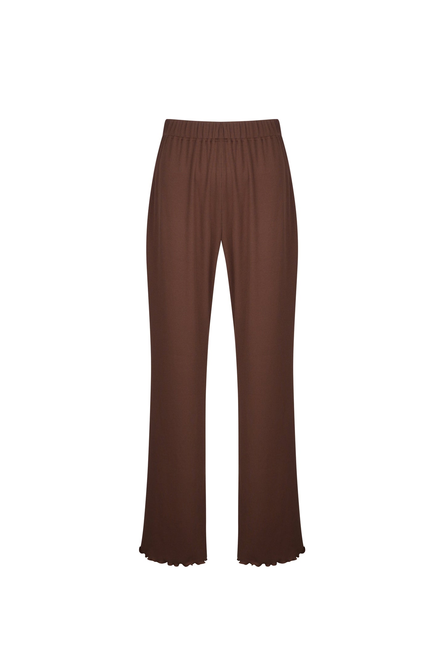 Brown ribbed flare pants, back view
