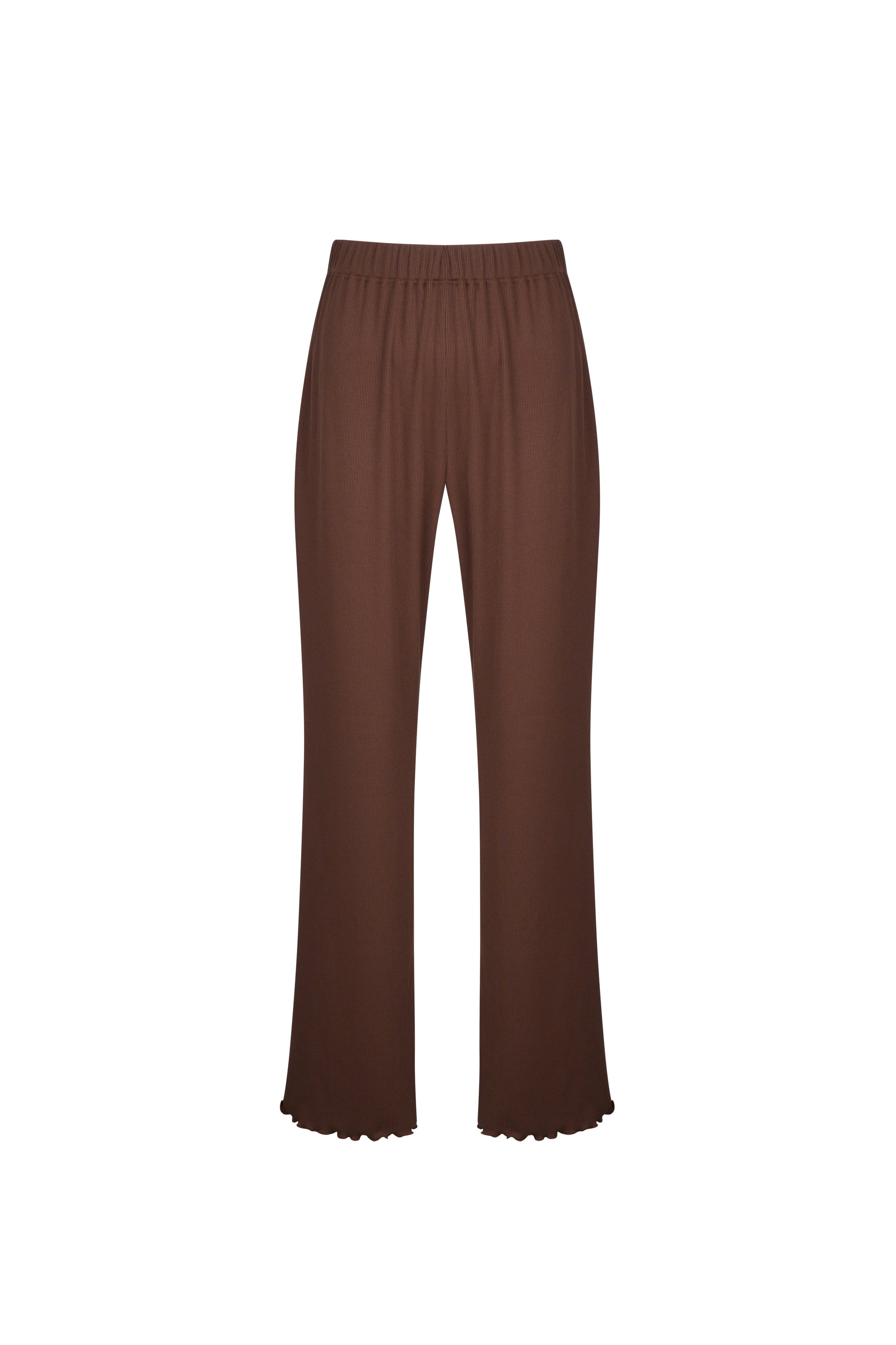 Brown ribbed flare pants, back view