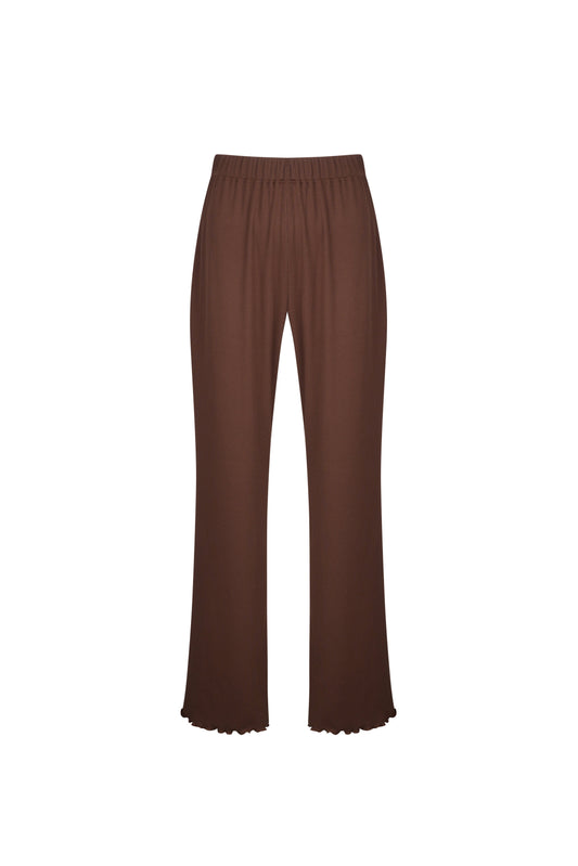 Brown ribbed flare pants, back view