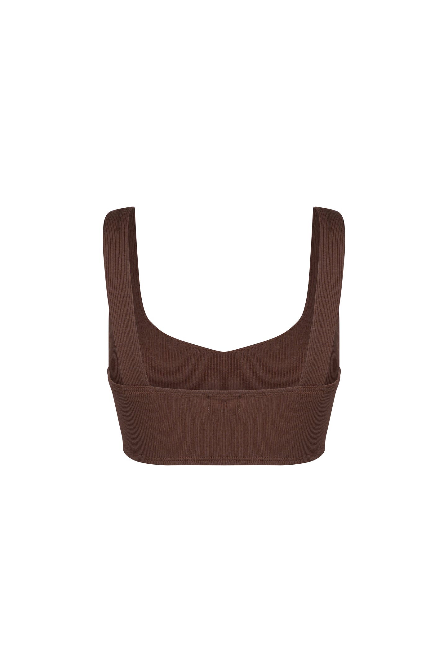 Back view of brown ribbed Gina top
