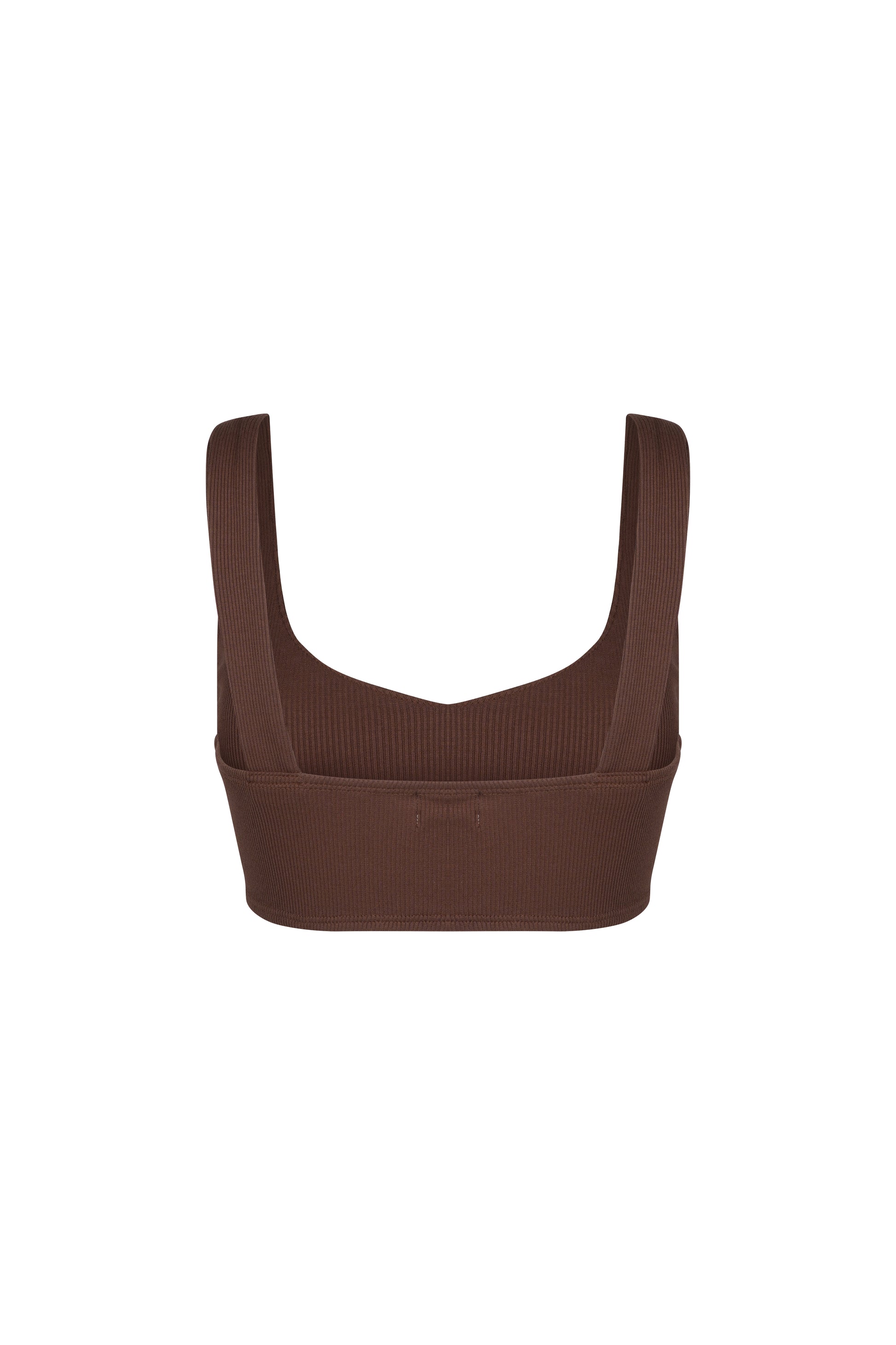 Back view of brown ribbed Gina top